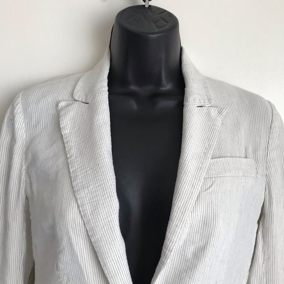 Theory One Button Linen Pin Striped White Blazer 0 - Picture 4 of 12